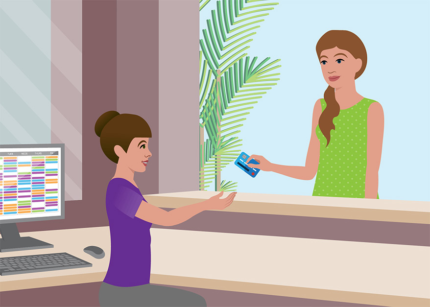 Illustration of a woman paying for her bill at a doctor's office.